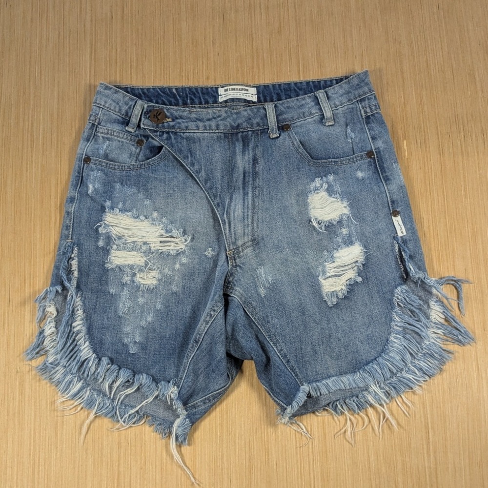 ONE x ONE TEASPOON Distressed Denim‎ Shorts Fringe Blue Women's 24 Destroyed